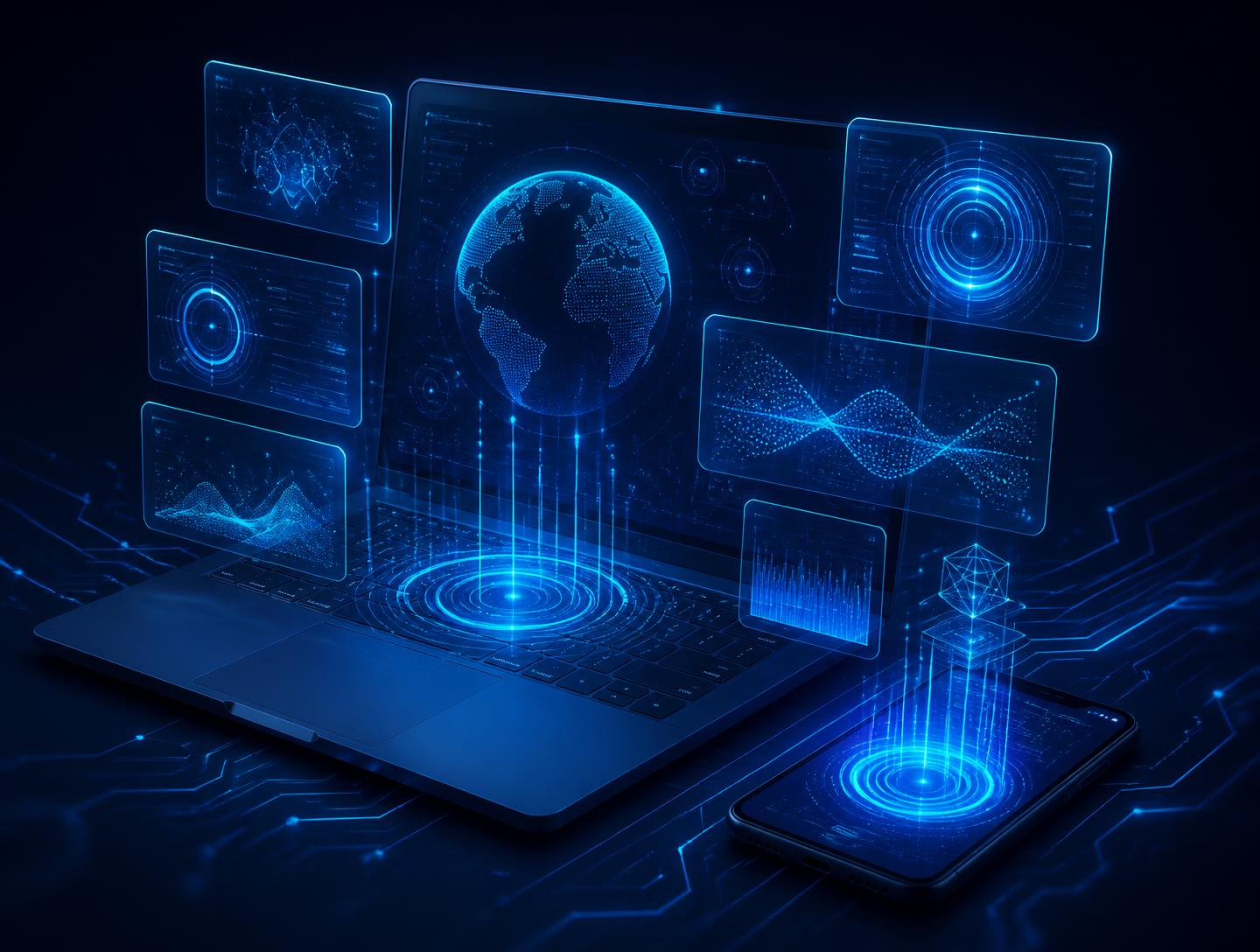 Holographic AI diagnostic dashboard above a laptop and smartphone